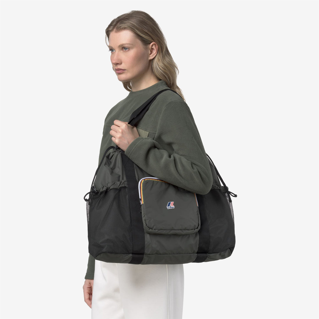 Borsa tote unisex verde impermeabile con chiusura regolabile e tasche main