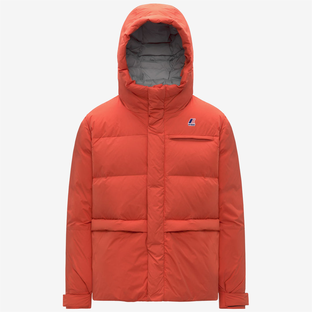 Chaqueta de plumón unisex naranja para mayor calidez y protección contra el clima invernal. 01