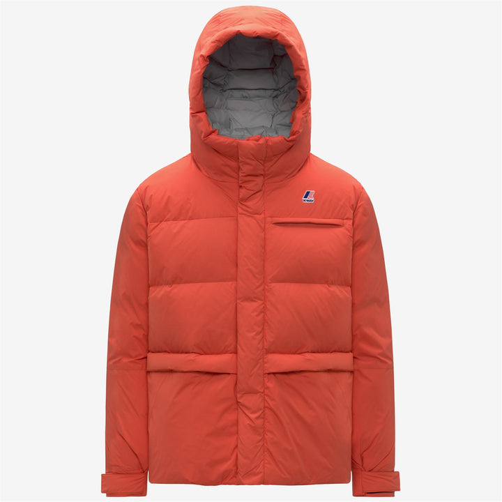 Chaqueta de plumón unisex naranja para mayor calidez y protección contra el clima invernal. 1