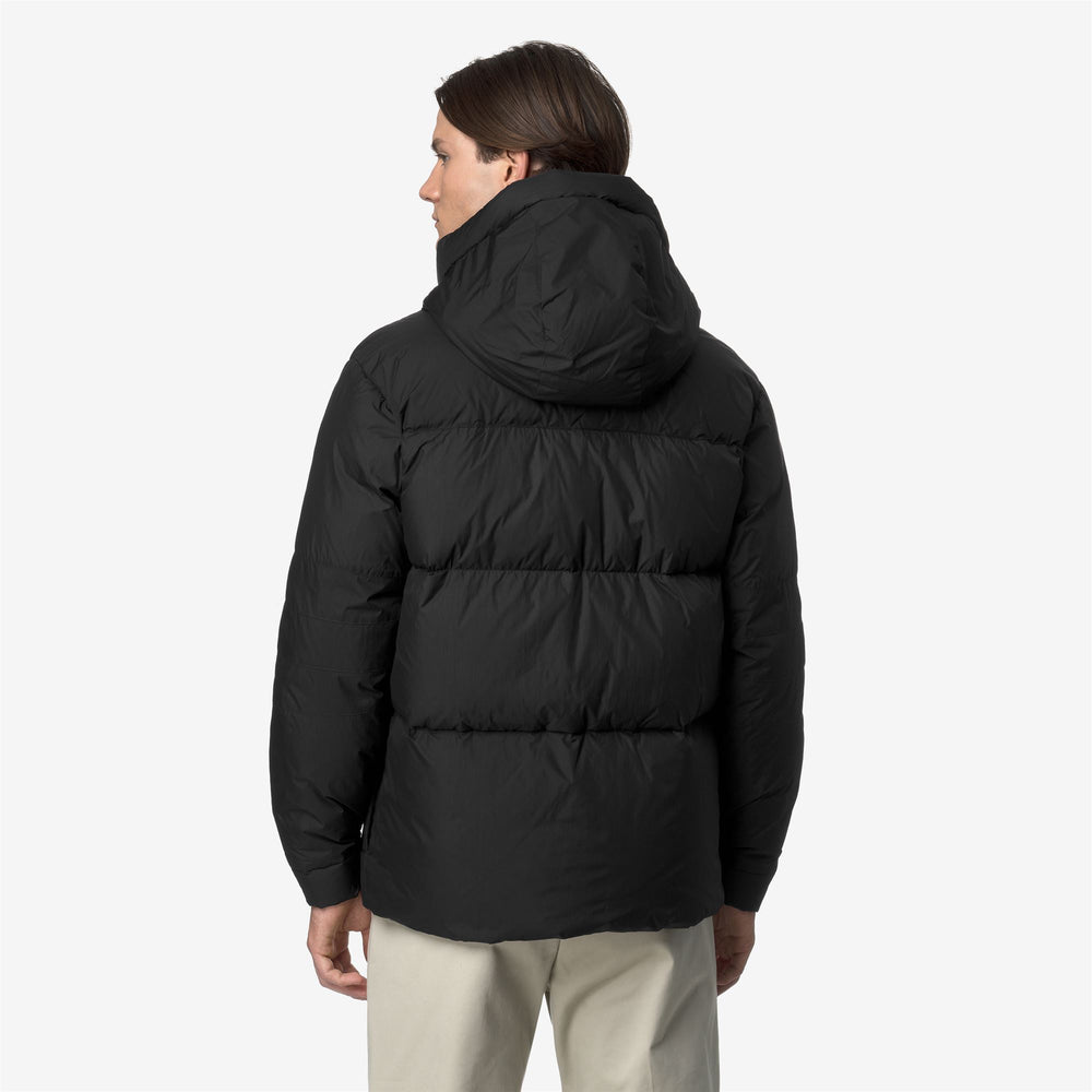 Black unisex down jacket for cold weather with hood and pockets 02