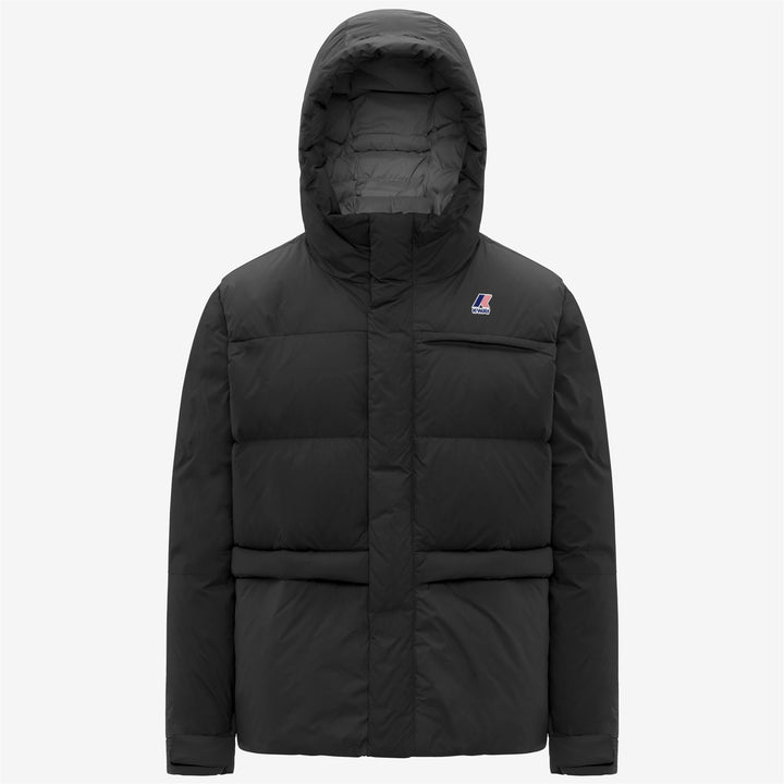 Chaqueta de plumas unisex negra para clima frío con capucha y bolsillos 1