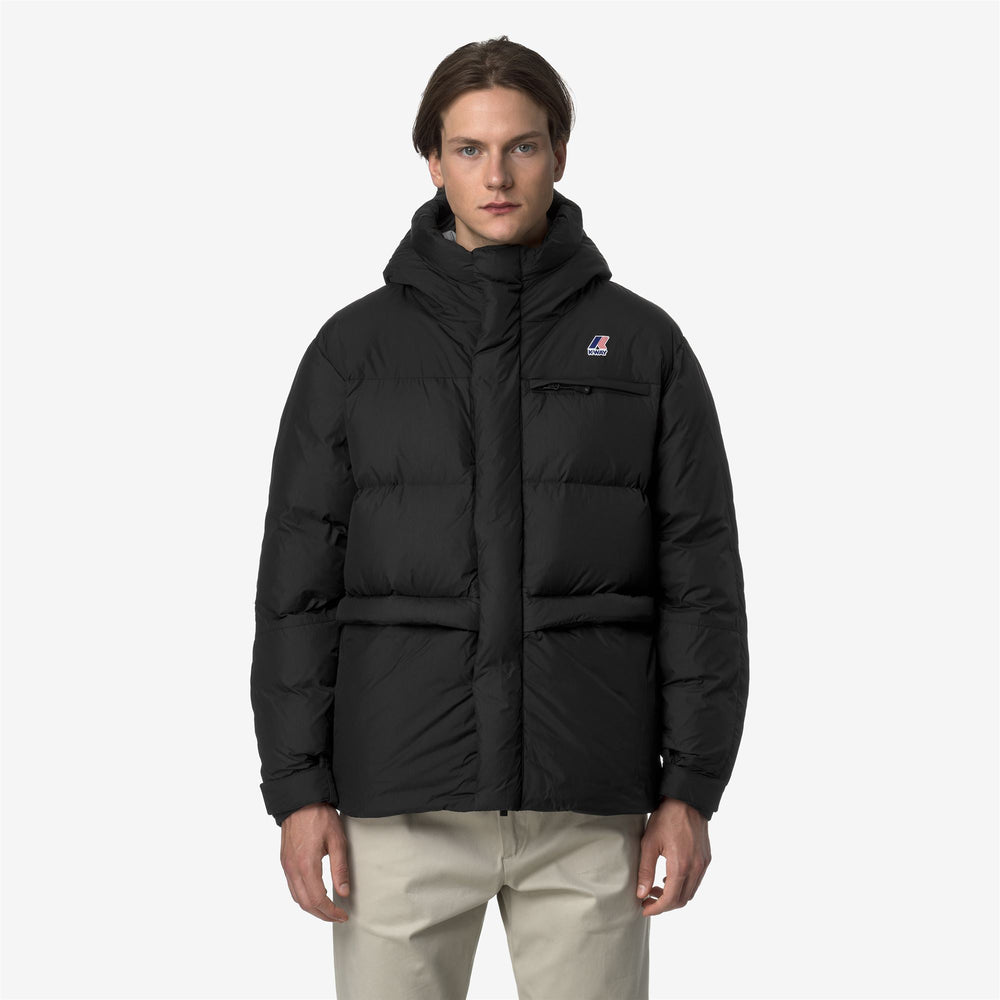 Black unisex down jacket for cold weather with hood and pockets 02