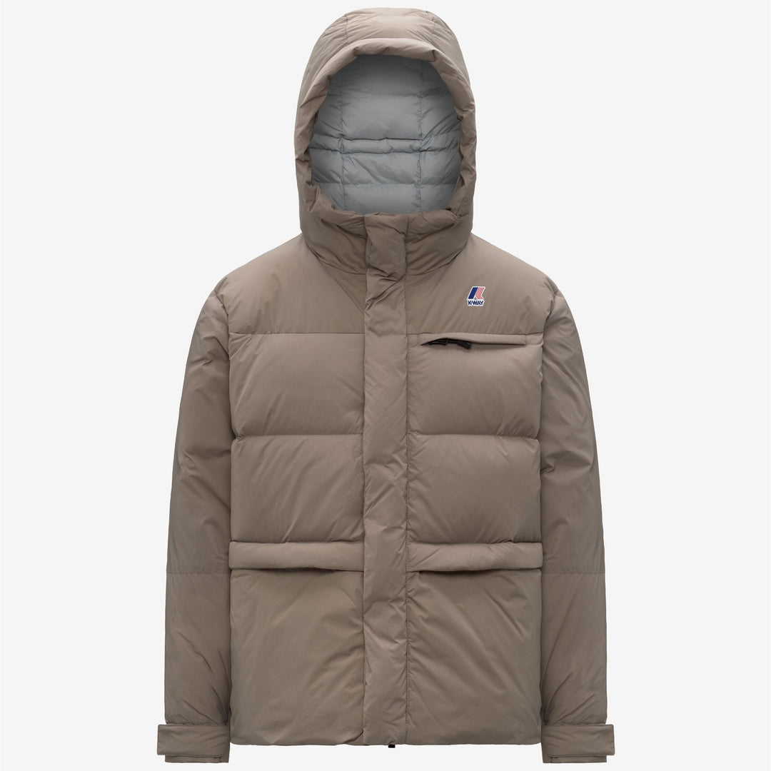 Chaqueta de plumas unisex beige cálida con capucha y bolsillos 01