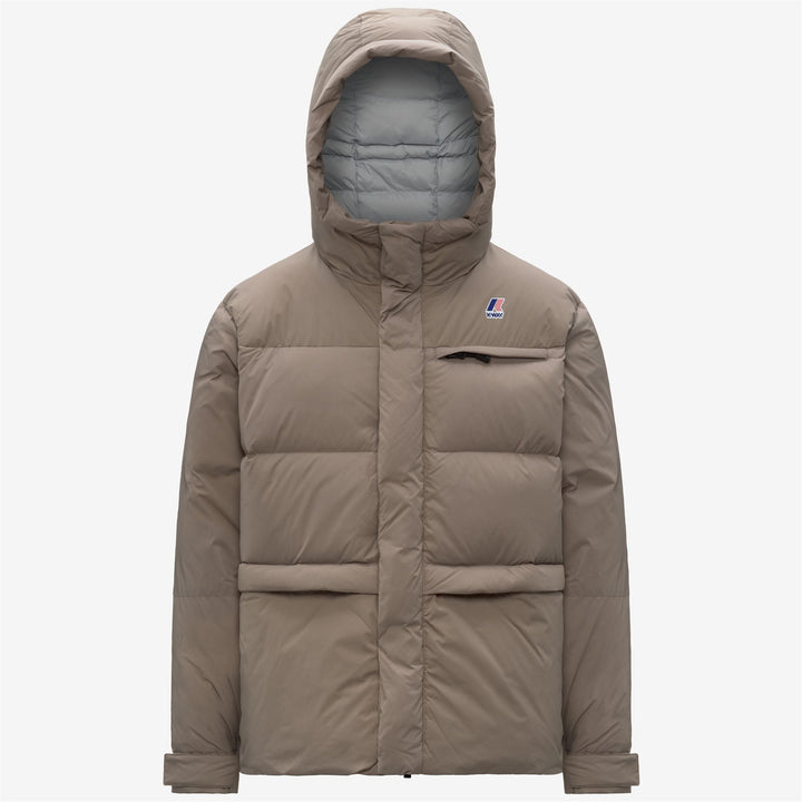 Chaqueta de plumas unisex beige cálida con capucha y bolsillos 1