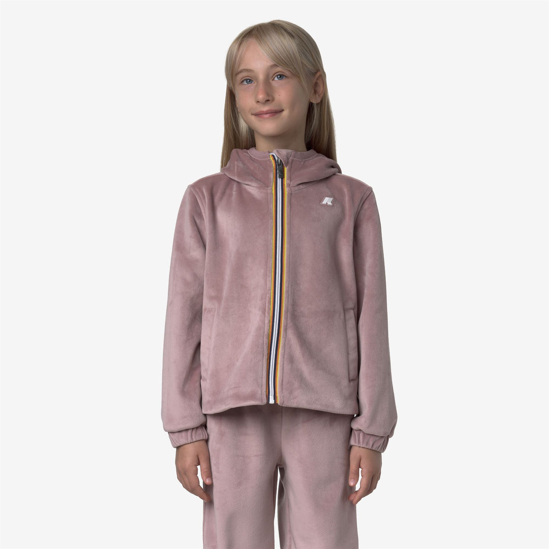 Felpa con cappuccio in pile di velluto rosa marrone per ragazze con chiusura a zip main