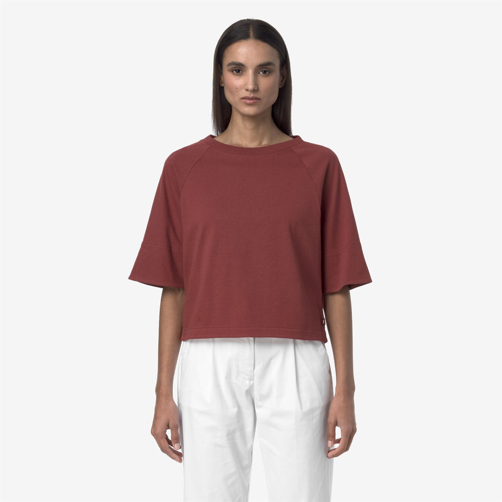 Brown Red Women's Casual Cotton T-Shirt with Kimono Sleeves 02