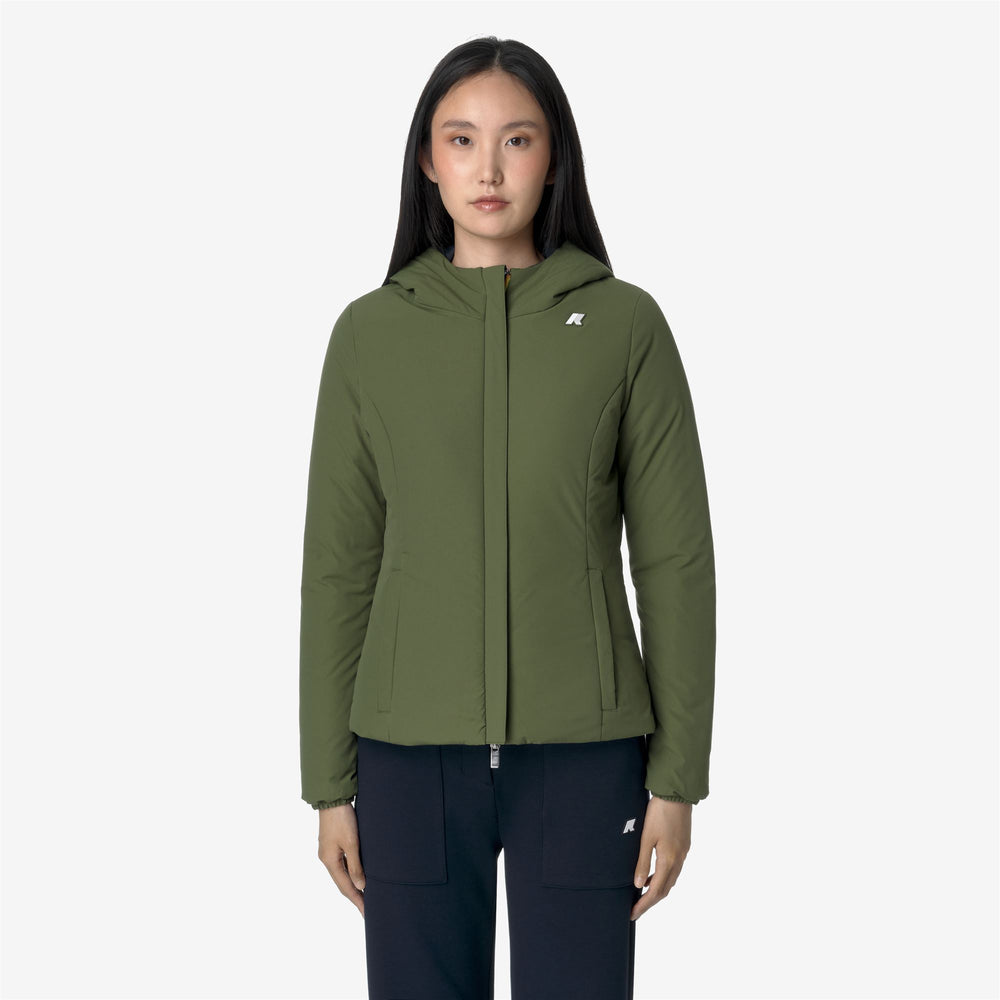 Chaqueta corta reversible cálida azul verde para mujer con aislamiento 02