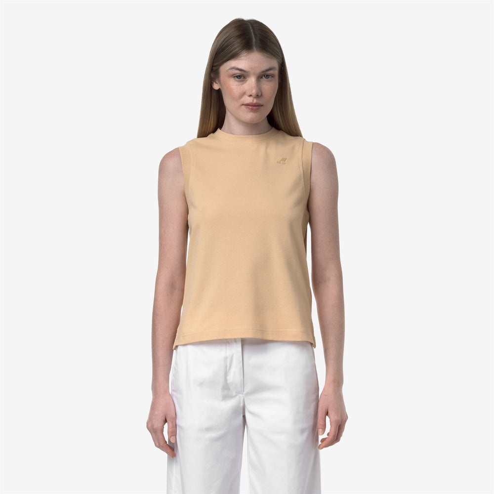 Camiseta sin mangas de piqué beige y naranja para ocio y viajes 02