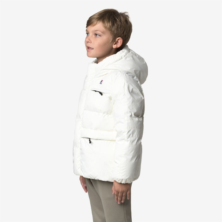 Chaqueta de invierno impermeable unisex blanca para niños con capucha y bolsillos 4