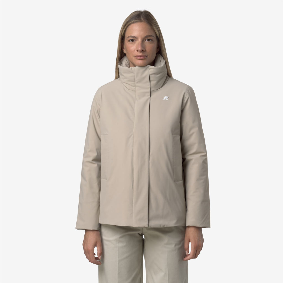 Chaqueta corta elegante beige para mujer con capucha y botones a presión main