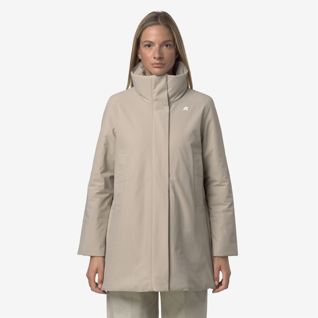Chaqueta elegante beige de longitud media con capucha para mujer main