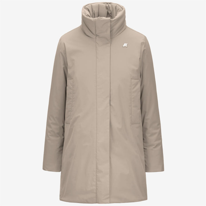 Chaqueta elegante beige de longitud media con capucha para mujer 1