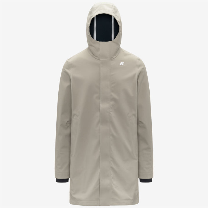 Chaqueta impermeable larga de hombre beige con capucha 1