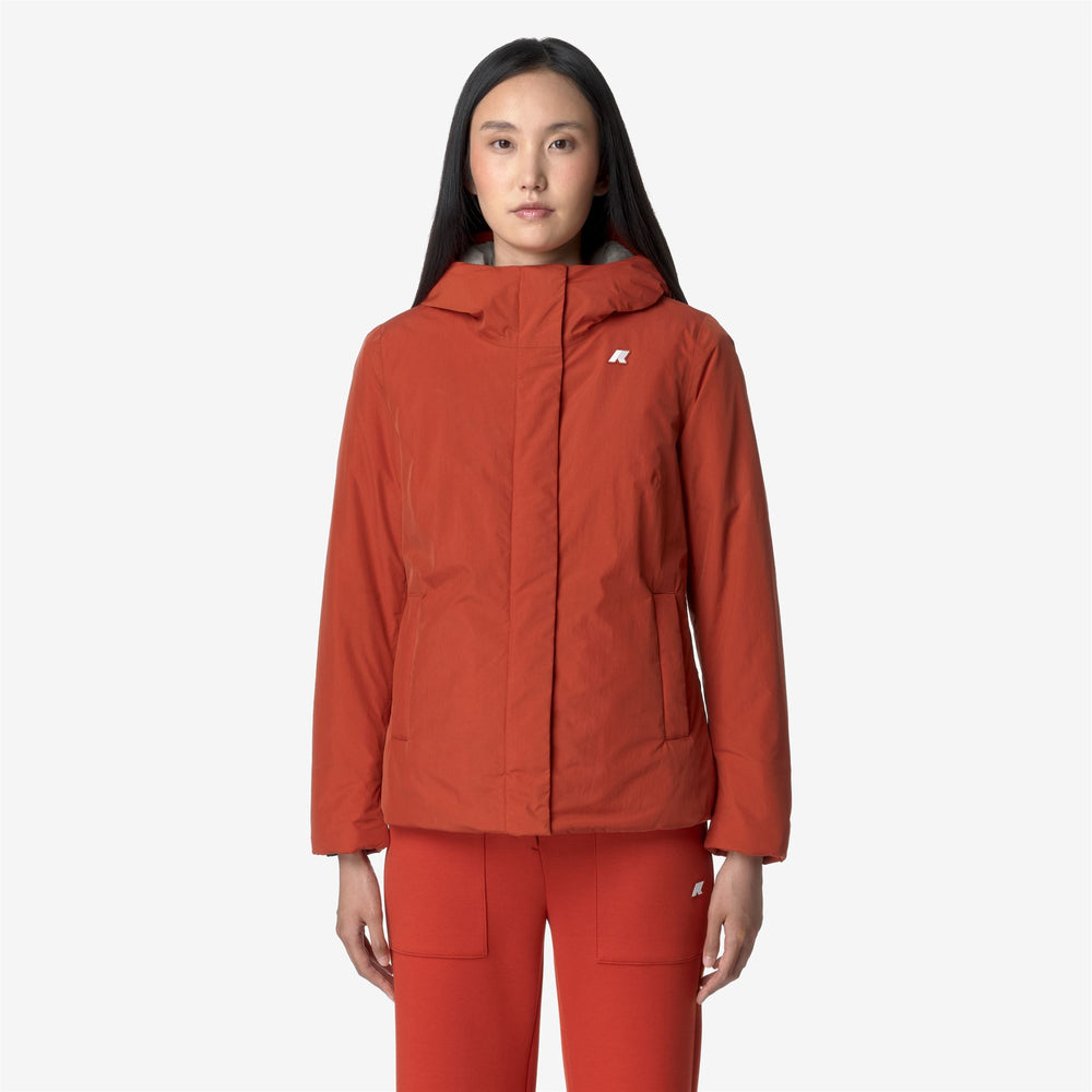 Chaqueta corta cálida ligera en rojo y gris para mujer 02