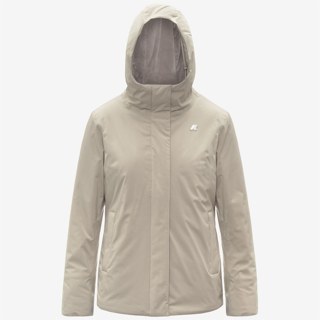 Chaqueta corta aislante beige con capucha para mujer 01