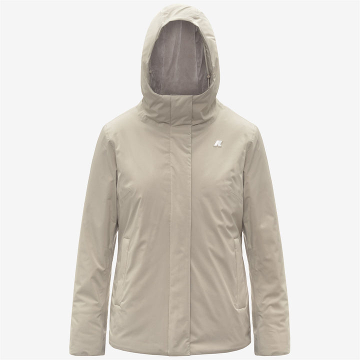 Chaqueta corta aislante beige con capucha para mujer 1