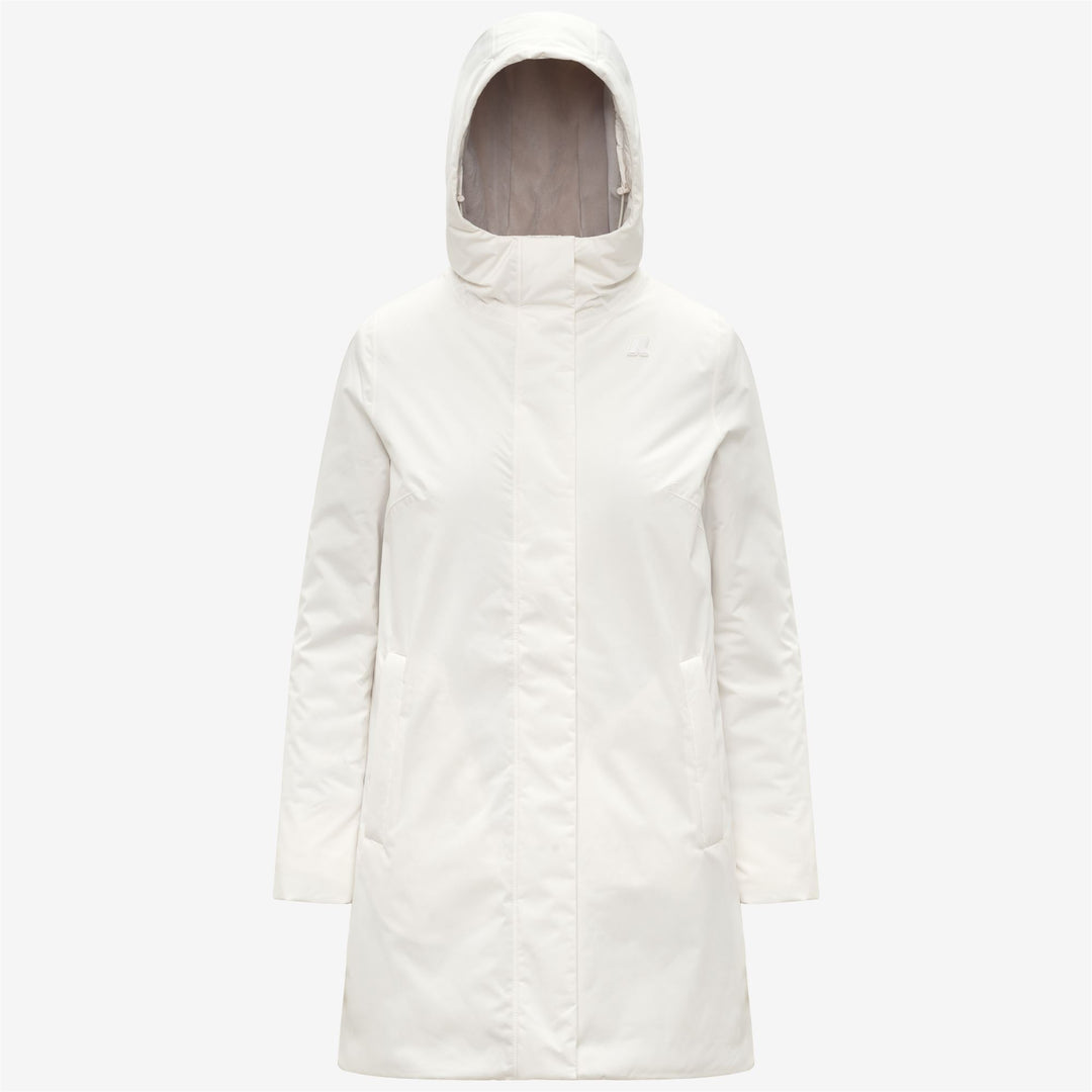 Chaqueta blanca de tacto suave de longitud media para mujer con capucha 01