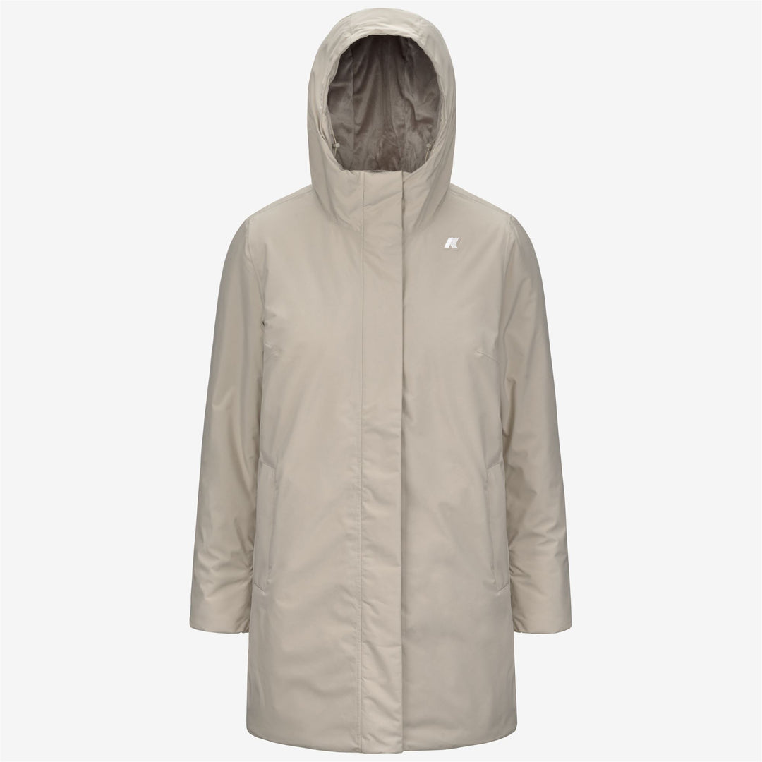 Chaqueta aislante beige de longitud media para mujer con capucha ajustable 01