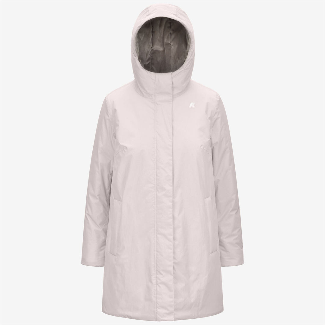 Chaqueta gris de tacto suave de longitud media para mujer con capucha ajustable 01