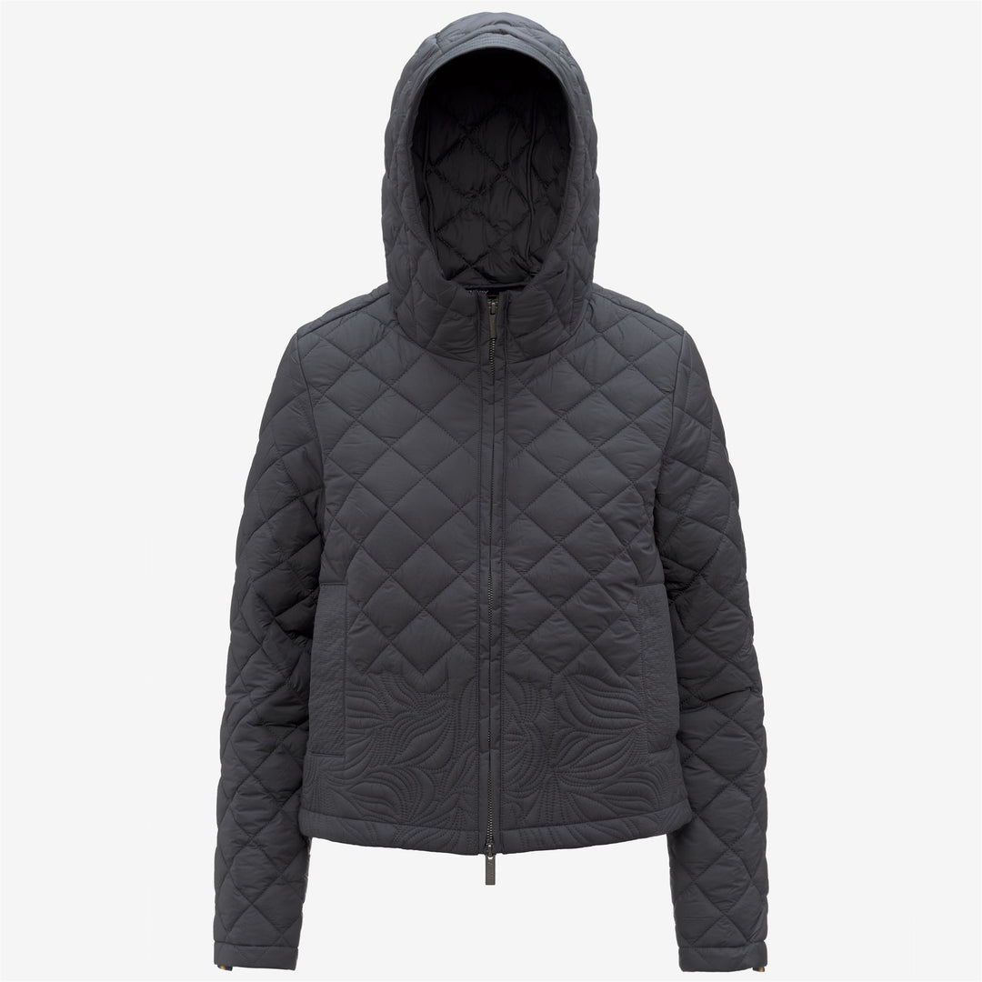 Chaqueta corta acolchada gris para mujer con bordado floral 01