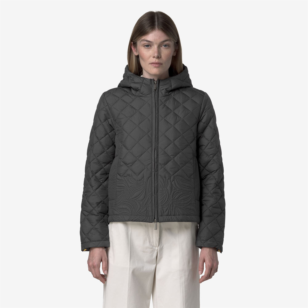 Grey Women's Short Quilted Jacket with Floral Embroidery 02