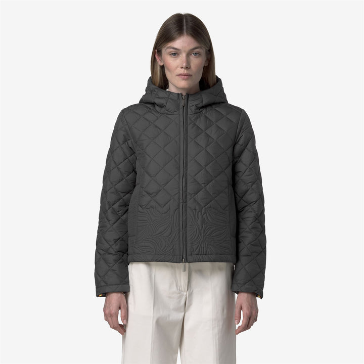 Chaqueta corta acolchada gris para mujer con bordado floral 3