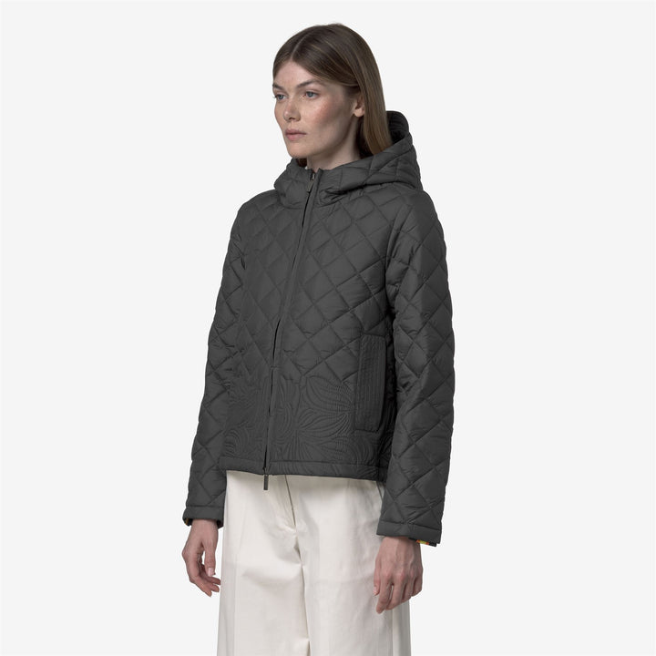 Chaqueta corta acolchada gris para mujer con bordado floral 4