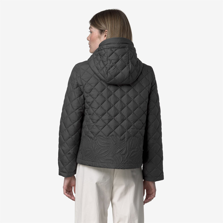 Chaqueta corta acolchada gris para mujer con bordado floral 5