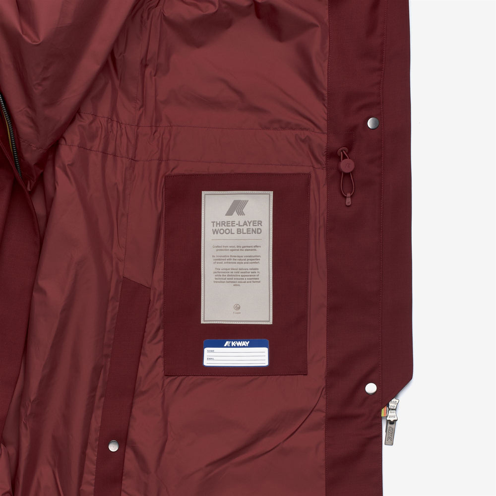 Red women's long hybrid jacket with wool-nylon blend for cold weather 02