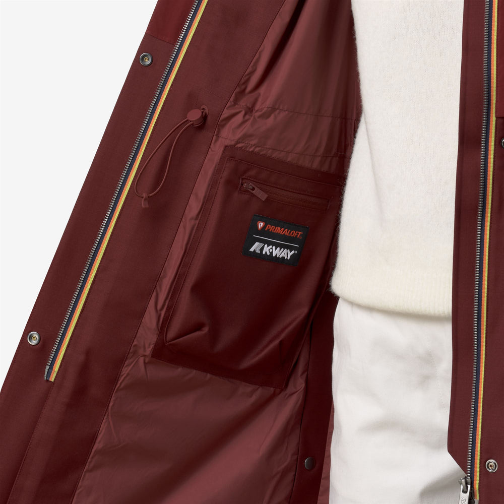 Chaqueta híbrida larga roja para mujer con mezcla de lana y nailon para clima frío 02