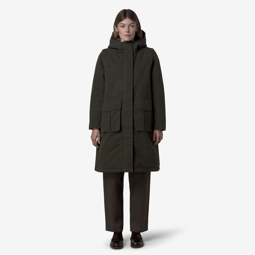 Parka lungo da donna in cotone verde con pelliccia sintetica e imbottitura PrimaLoft 02