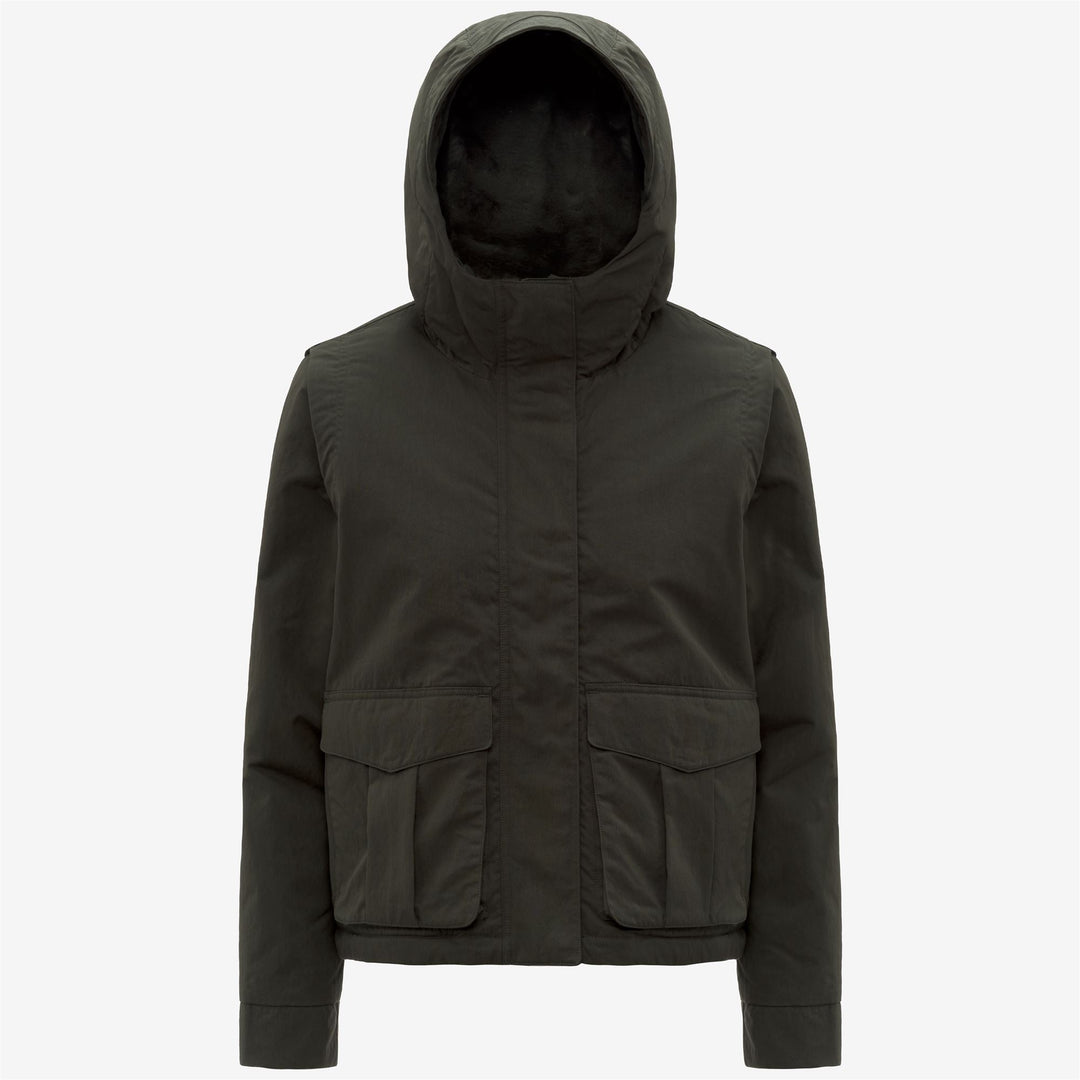 Green black Women's Short Urban Parka with Faux Fur Lining 01