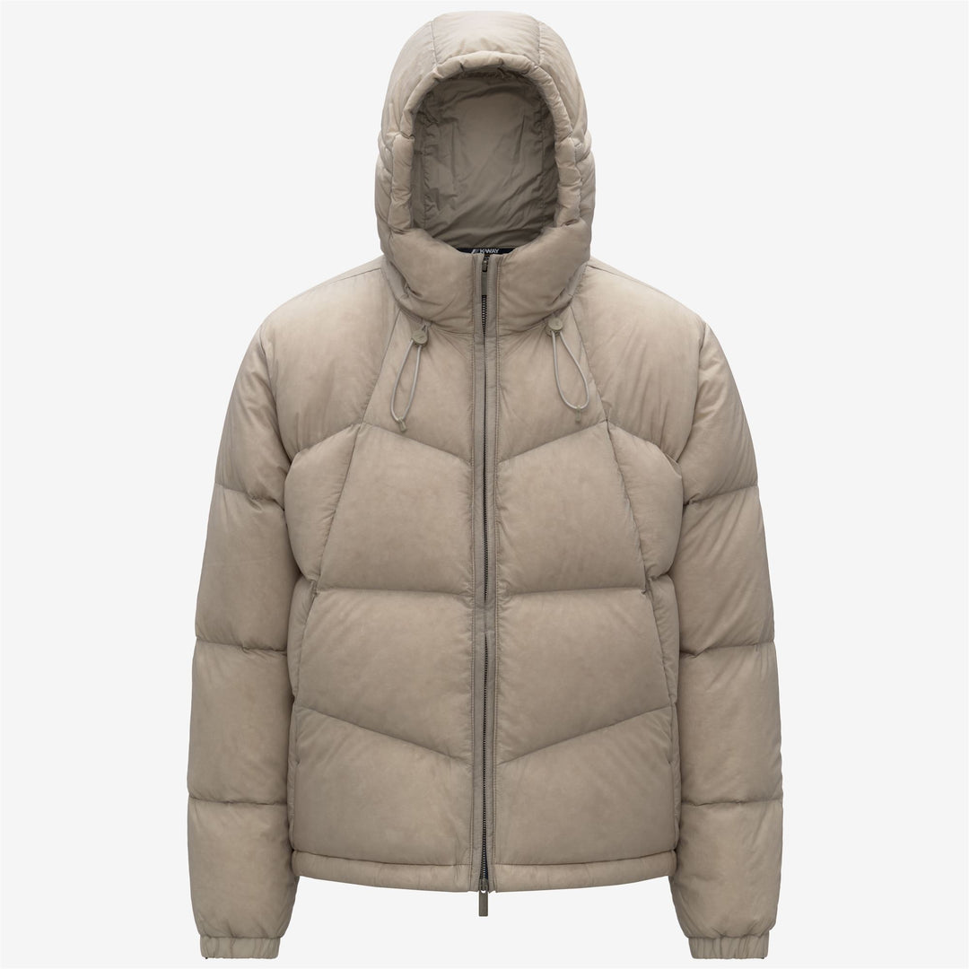 Chaqueta acolchada corta beige para hombre con aislamiento de plumón natural 01