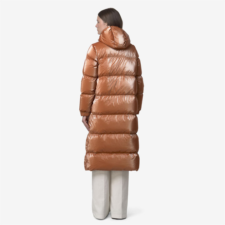 Chaqueta acolchada larga naranja para mujer con relleno de plumón 5