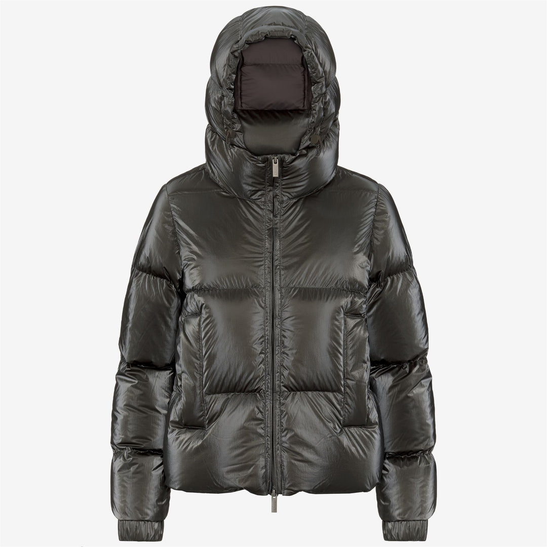 Chaqueta acolchada corta para mujer color oliva negro con relleno de plumón natural 01