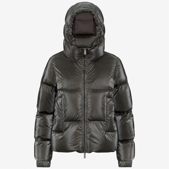 Chaqueta acolchada corta para mujer color oliva negro con relleno de plumón natural 1