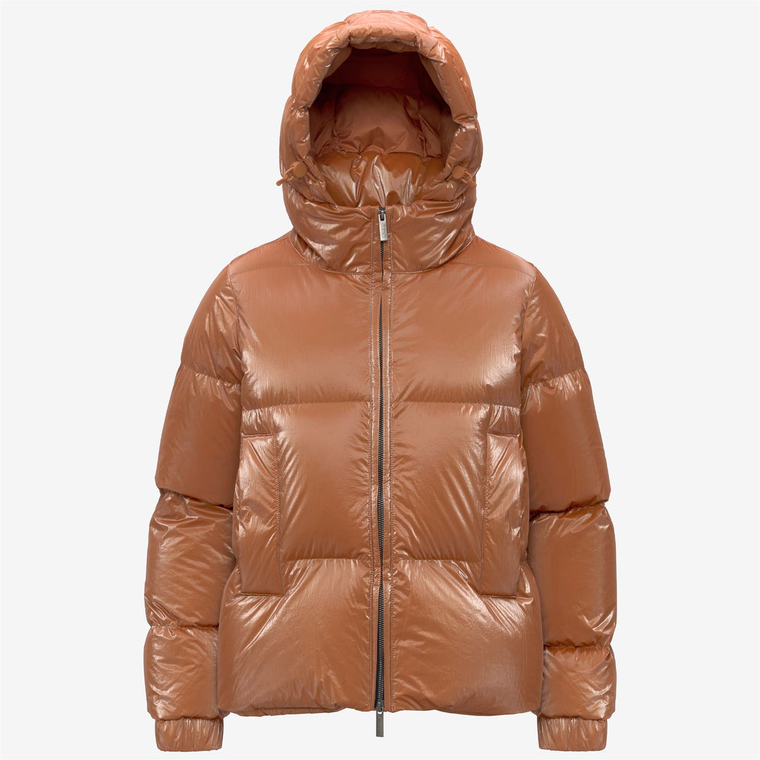 Chaqueta acolchada corta naranja para mujer con relleno de plumón 01