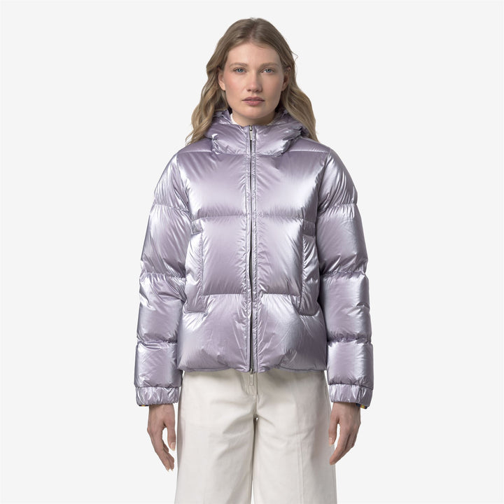 Chaqueta acolchada corta de mujer violeta con relleno de plumón 3