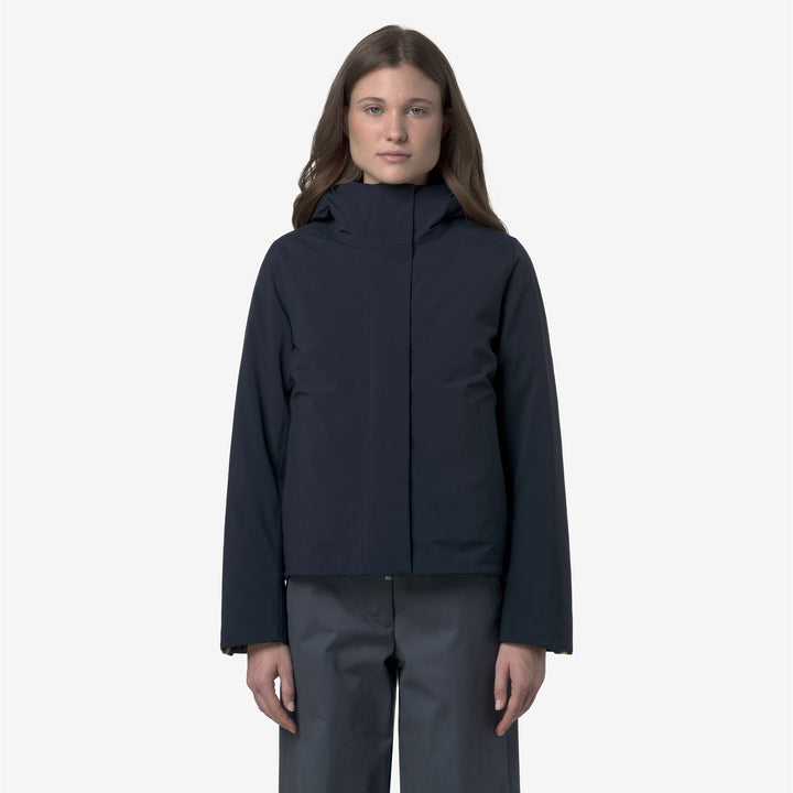 Chaqueta corta acolchada de invierno azul para mujer con capucha 4