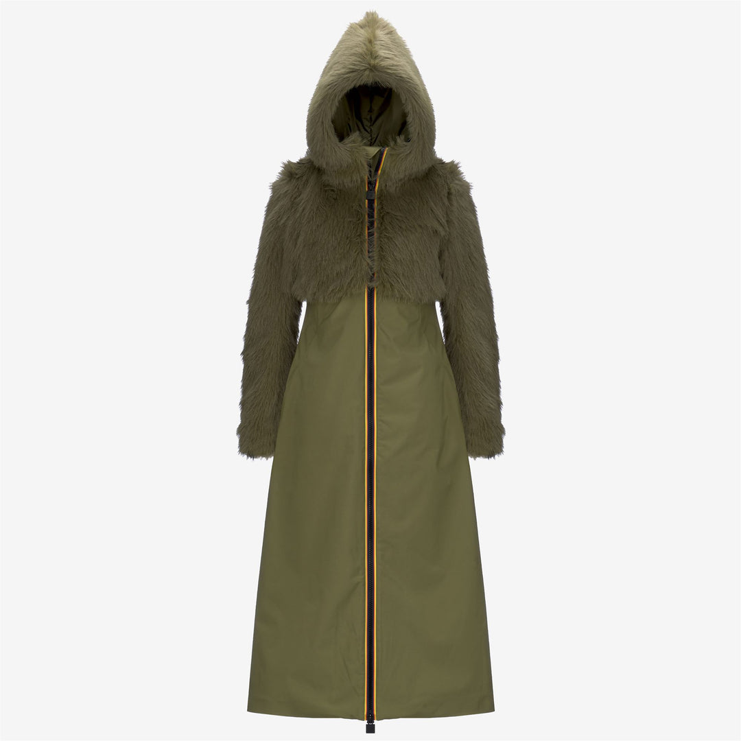 Chaqueta larga amarilla y verde para mujer con forro de piel sintética y cachemira 01