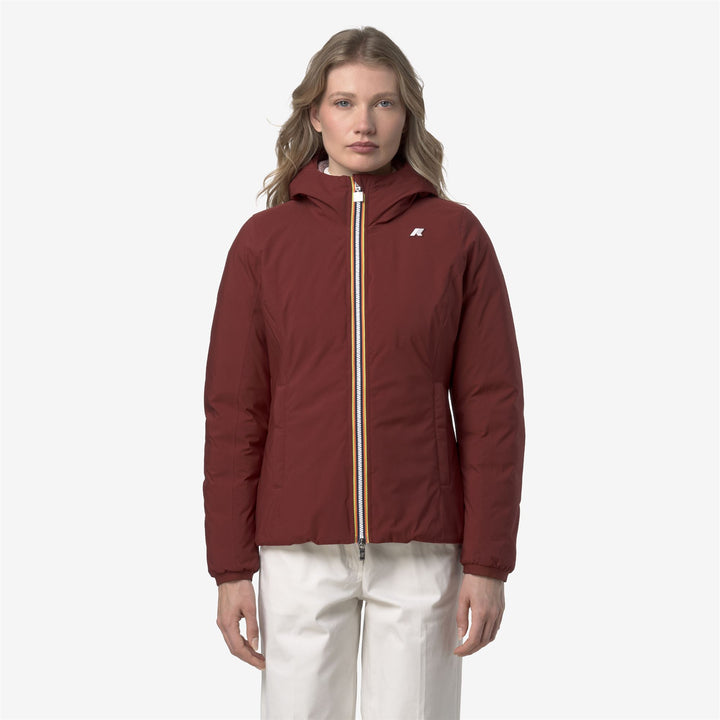 Giacca corta reversibile rossa da donna con cappuccio e isolamento termico 4
