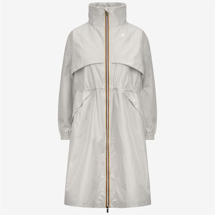 Chaqueta larga repelente al agua beige gris para mujer con detalles grandes 5
