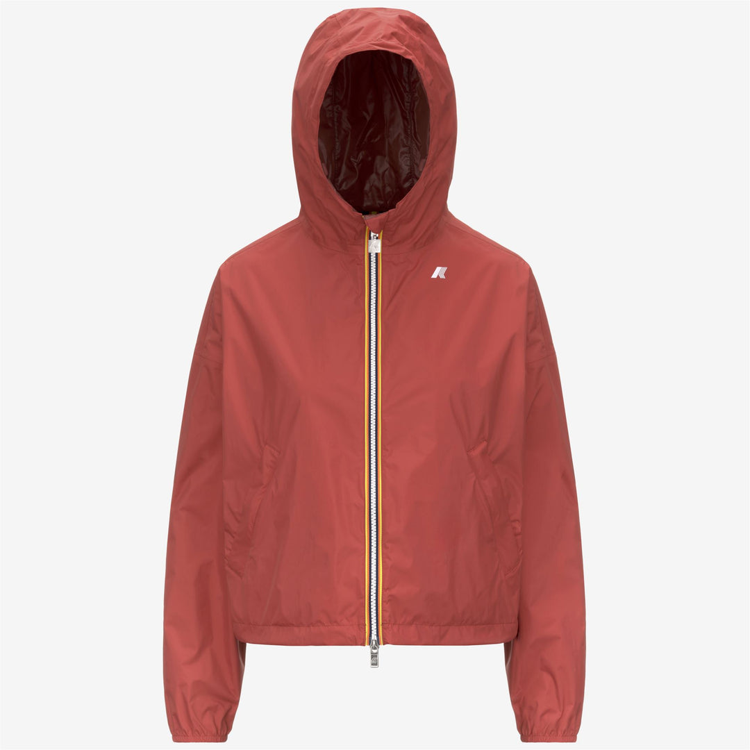 Chaqueta corta reversible marrón roja para mujer con ajuste ajustable main