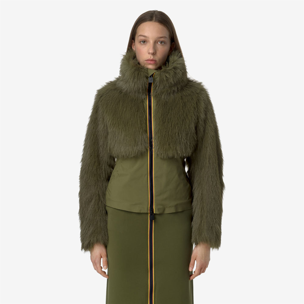 Yellow Green Women's Short Faux Fur City Jacket with Cashmere Padding 02