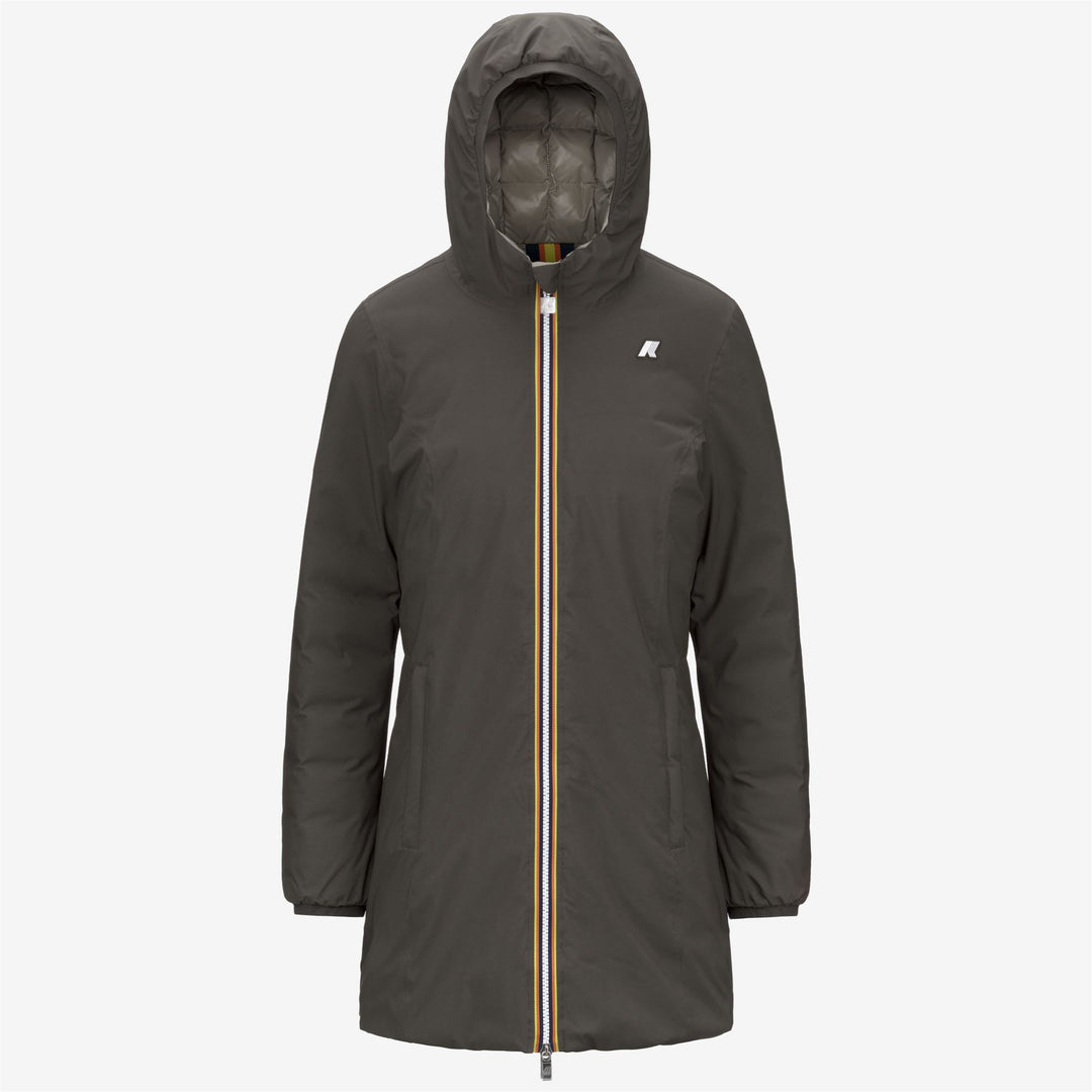 Chaqueta de plumón reversible para mujer color oliva negro para clima frío 01