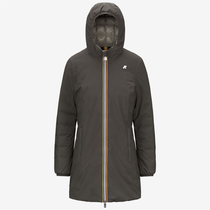 Chaqueta de plumón reversible para mujer color oliva negro para clima frío 1