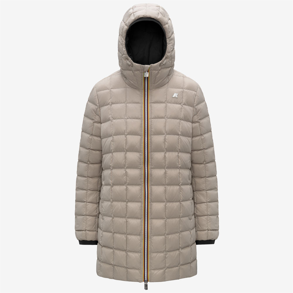 Chaqueta de invierno reversible para mujer, color beige y negro, con relleno de plumón 02