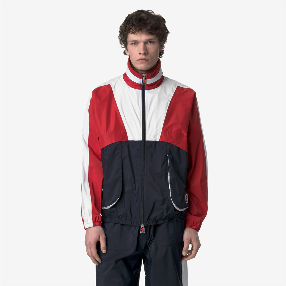 Blue Red Unisex Short Jacket with Concealed Hood and Recycled Fabric 02