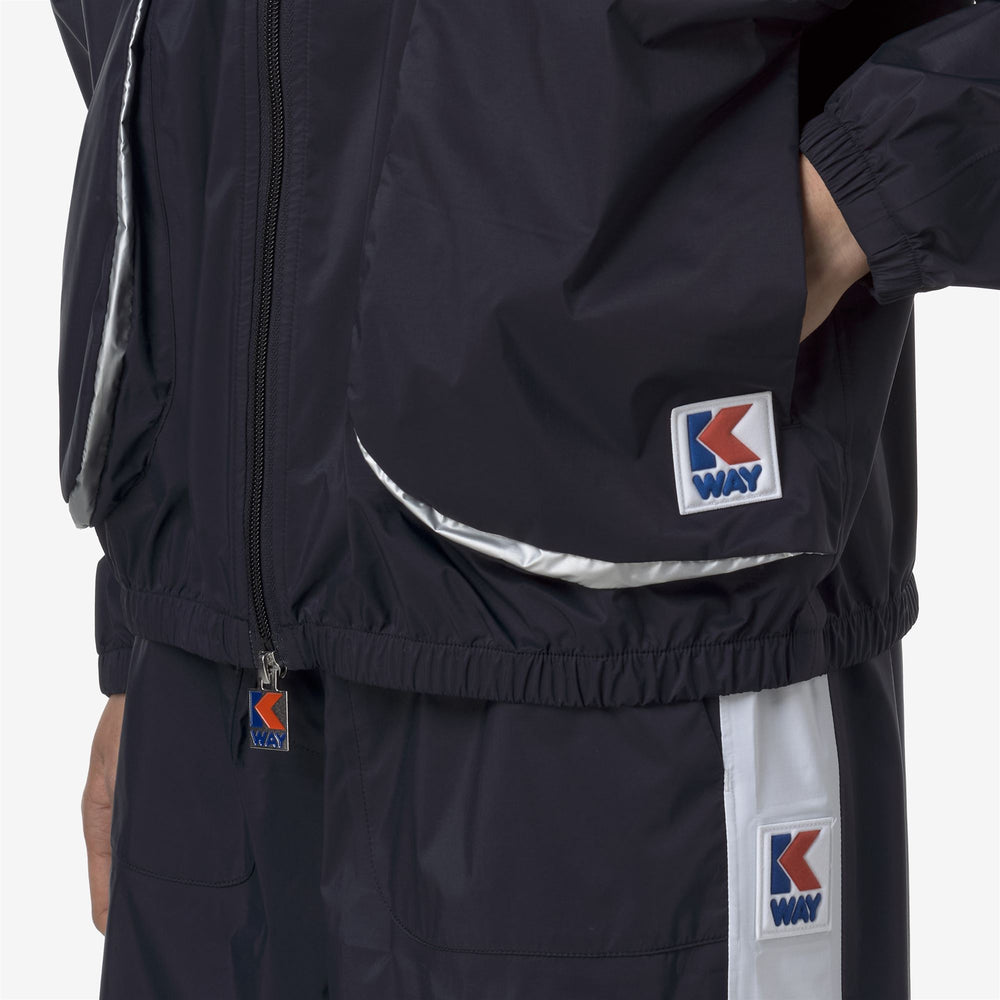 Giacca sportiva corta unisex blu con cappuccio nascosto 02