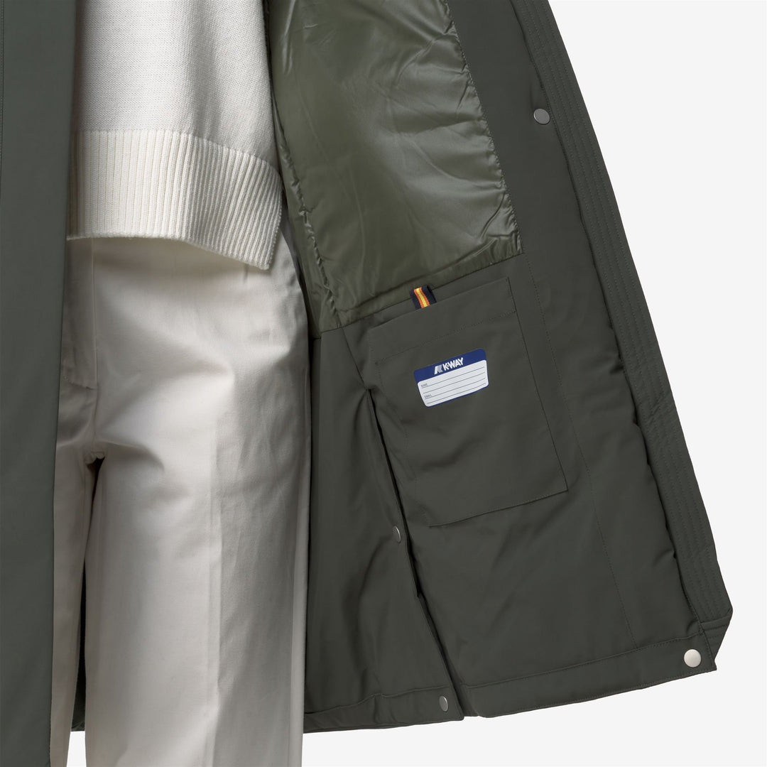 Abrigo largo impermeable con capucha para mujer, color negro y verde main